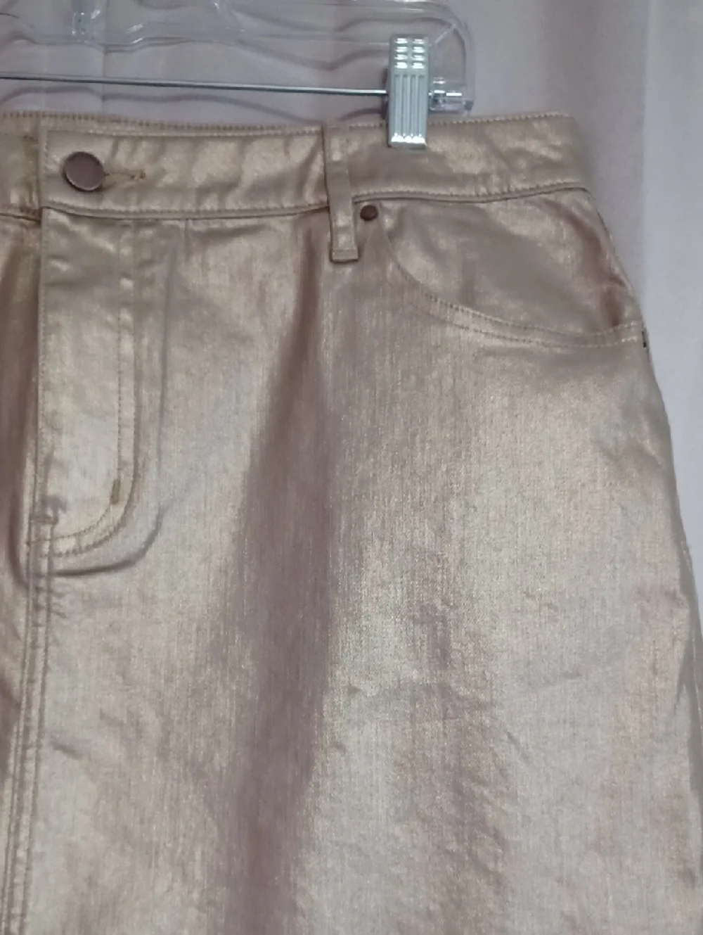 Boden Gold Metallic Denim Mini Skirt 5 Pocket Zip Fly Button Closure Like New